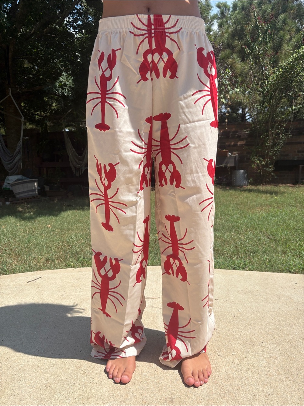 Beige BoHo elastic waist causal Lounge Pants with Red Lobster Print size X-Large